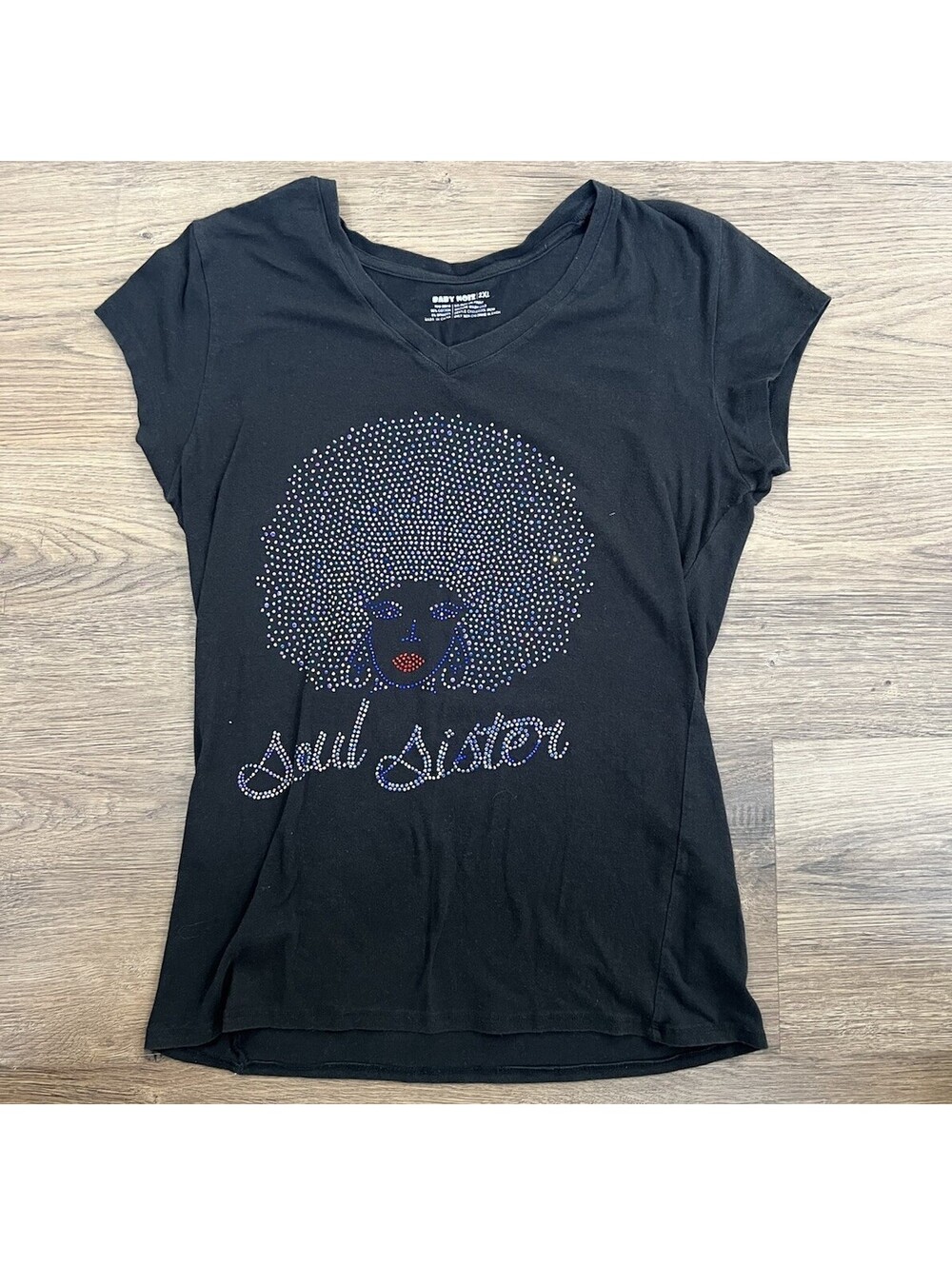 Baby Noiz Soul Sister Afro Girl Rhinestone V-Neck T-Shirt Black - Size 2XL